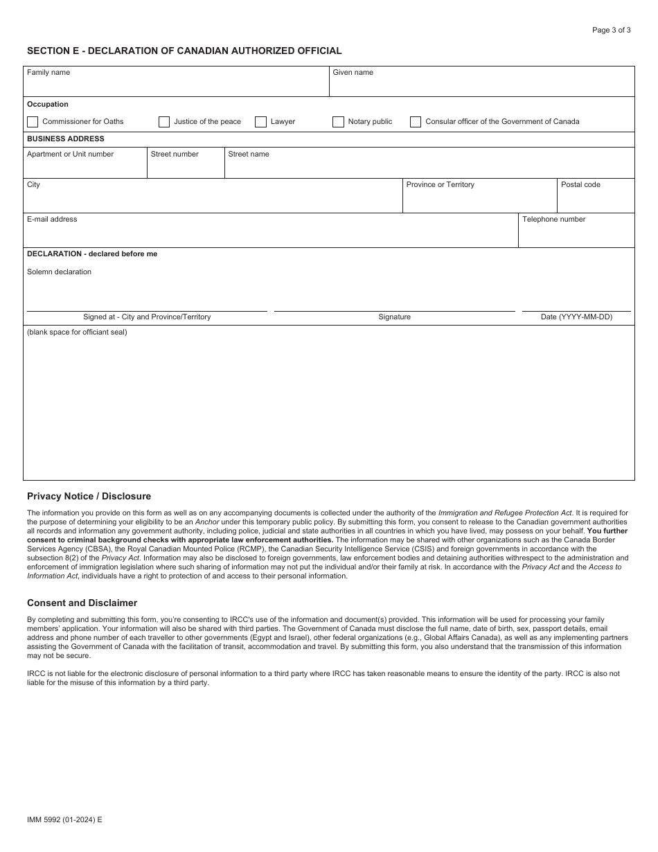 Form IMM5992 Statutory Declaration to Confirm the Intent to Provide Support to Extended Family Members Affected by the Crisis in Gaza - Canada, Page 3