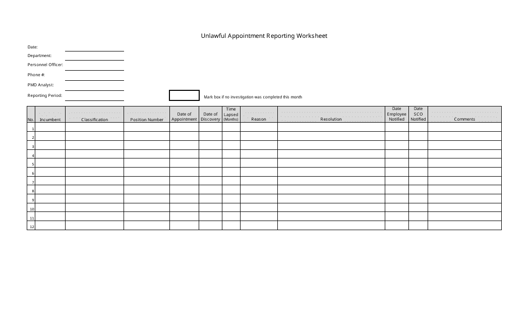Unlawful Appointment Reporting Worksheet - California Download Pdf