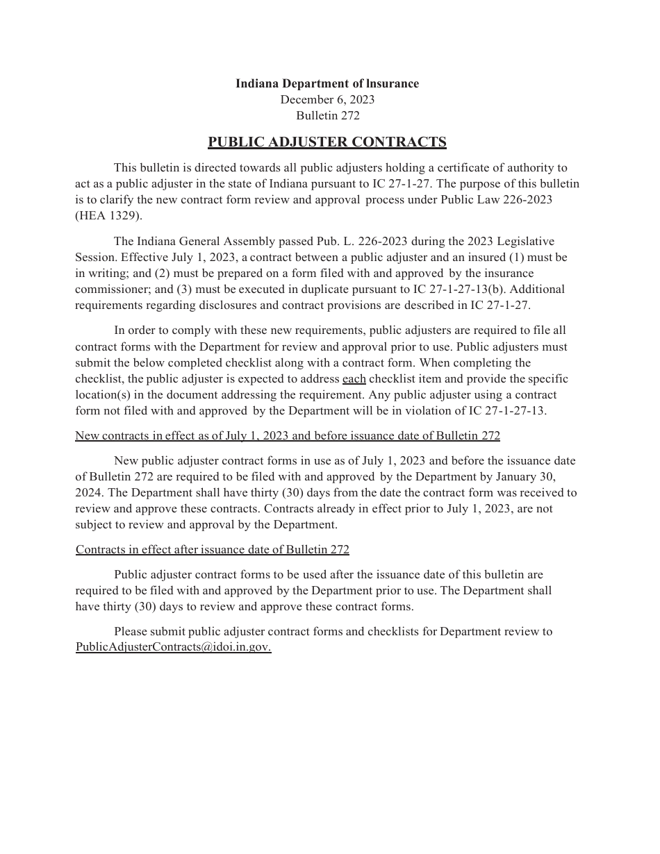 Public Adjuster Contract Checklist - Indiana, Page 1