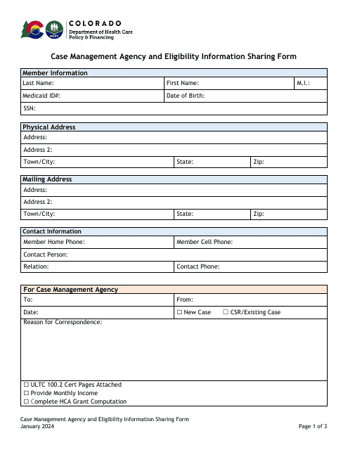 Case Management Agency and Eligibility Information Sharing Form - Colorado Download Pdf