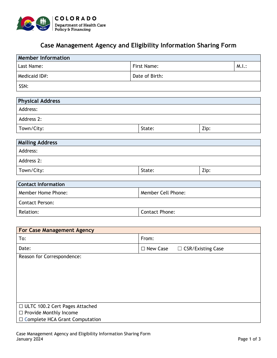 Case Management Agency and Eligibility Information Sharing Form - Colorado, Page 1