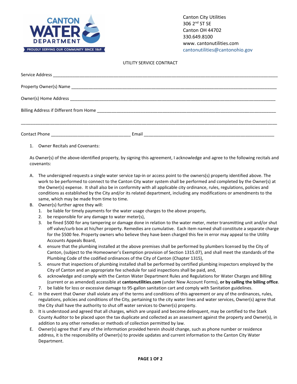 Utility Service Contract - Canton City, Ohio, Page 1