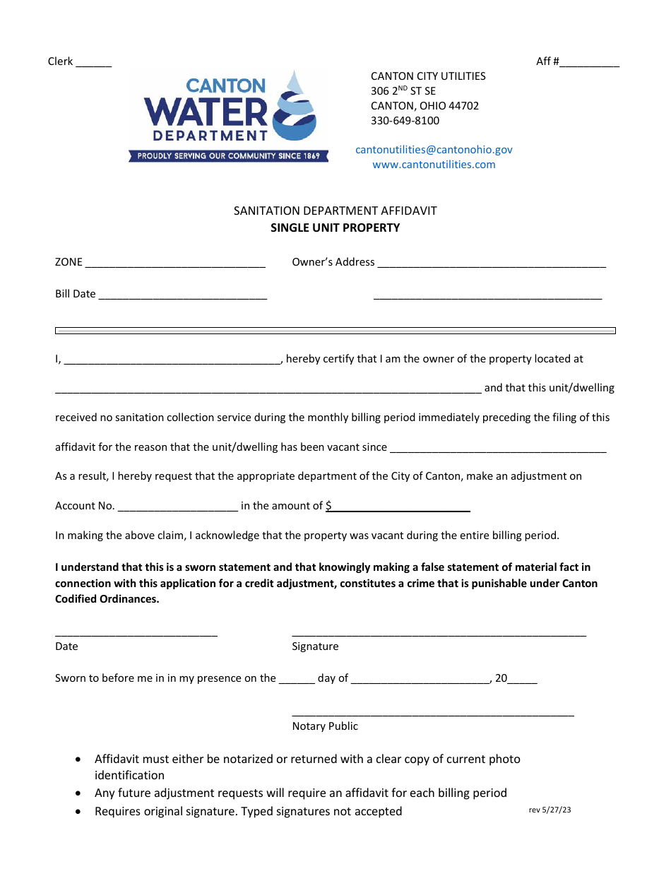 Sanitation Department Affidavit - Single Unit Property - Canton City, Ohio, Page 1