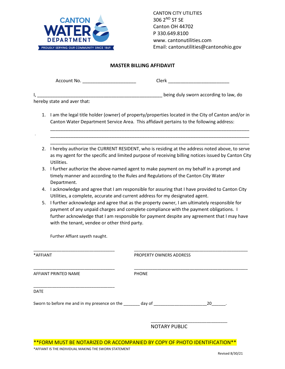 Canton City, Ohio Master Billing Affidavit Fill Out, Sign Online and