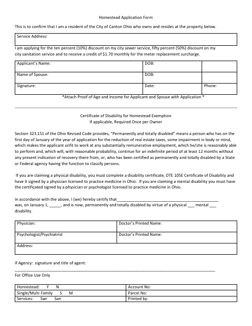 Homestead Application Form - Canton City, Ohio Download Pdf