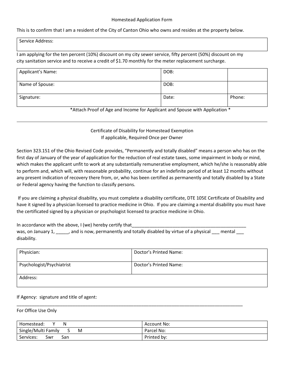 Homestead Application Form - Canton City, Ohio, Page 1