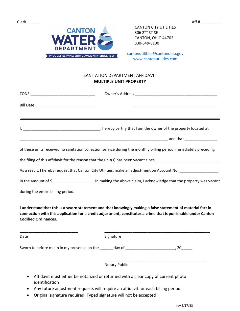 Sanitation Department Affidavit - Multiple Unit Property - Canton City, Ohio, Page 1