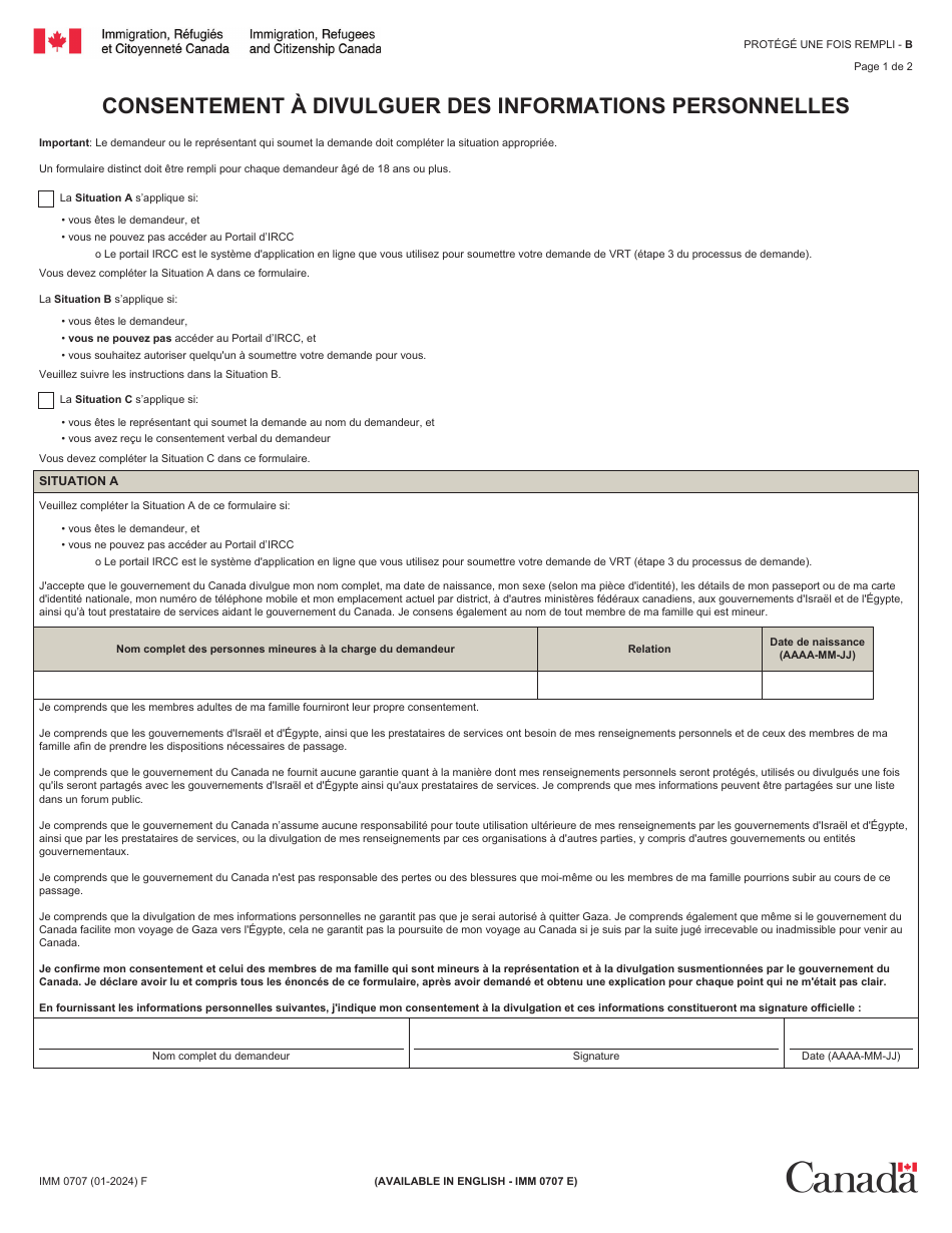 Forme IMM0707 Consentement a Divulguer DES Informations Personnelles - Canada (French), Page 1