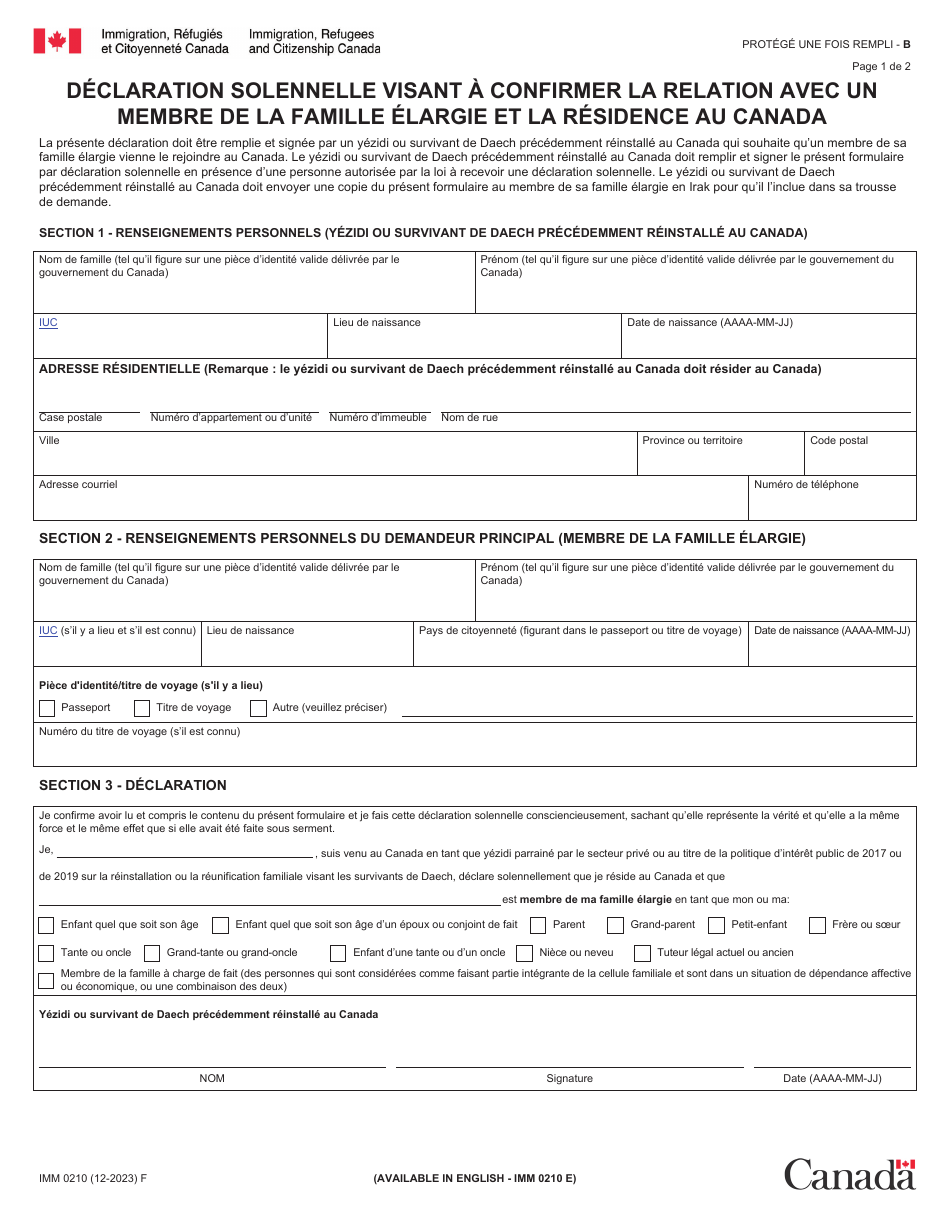 Forme IMM0210 Declaration Solennelle Visant a Confirmer La Relation Avec Un Membre De La Famille Elargie Et La Residence Au Canada - Canada (French), Page 1