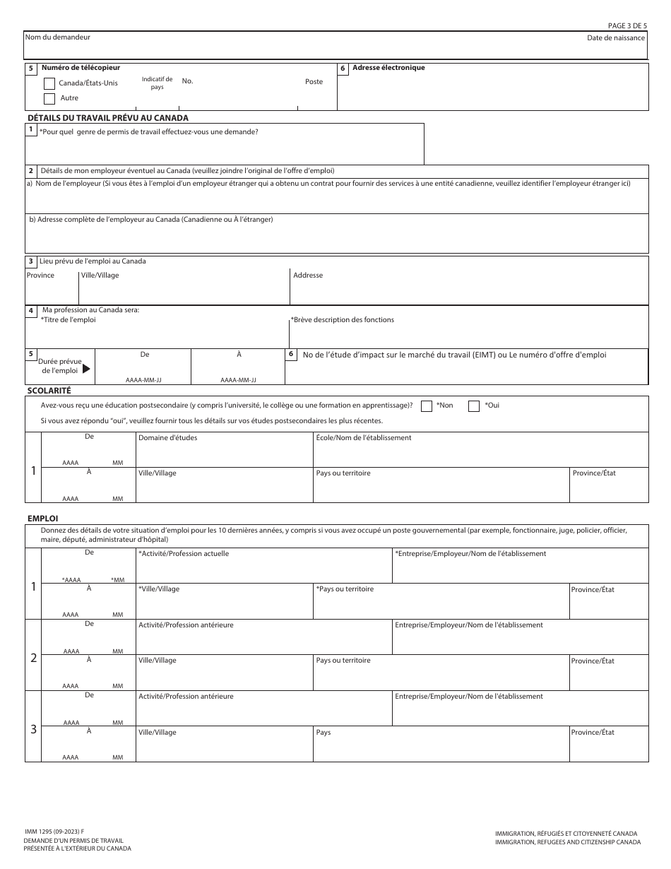 Forme IMM1295 Demande Dun Permis De Travail Presentee a Lexterieur Du Canada - Canada (French), Page 3