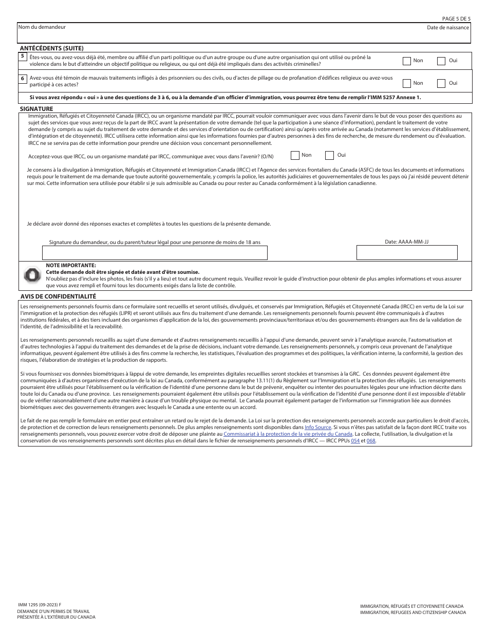 Forme IMM1295 Demande Dun Permis De Travail Presentee a Lexterieur Du Canada - Canada (French), Page 5