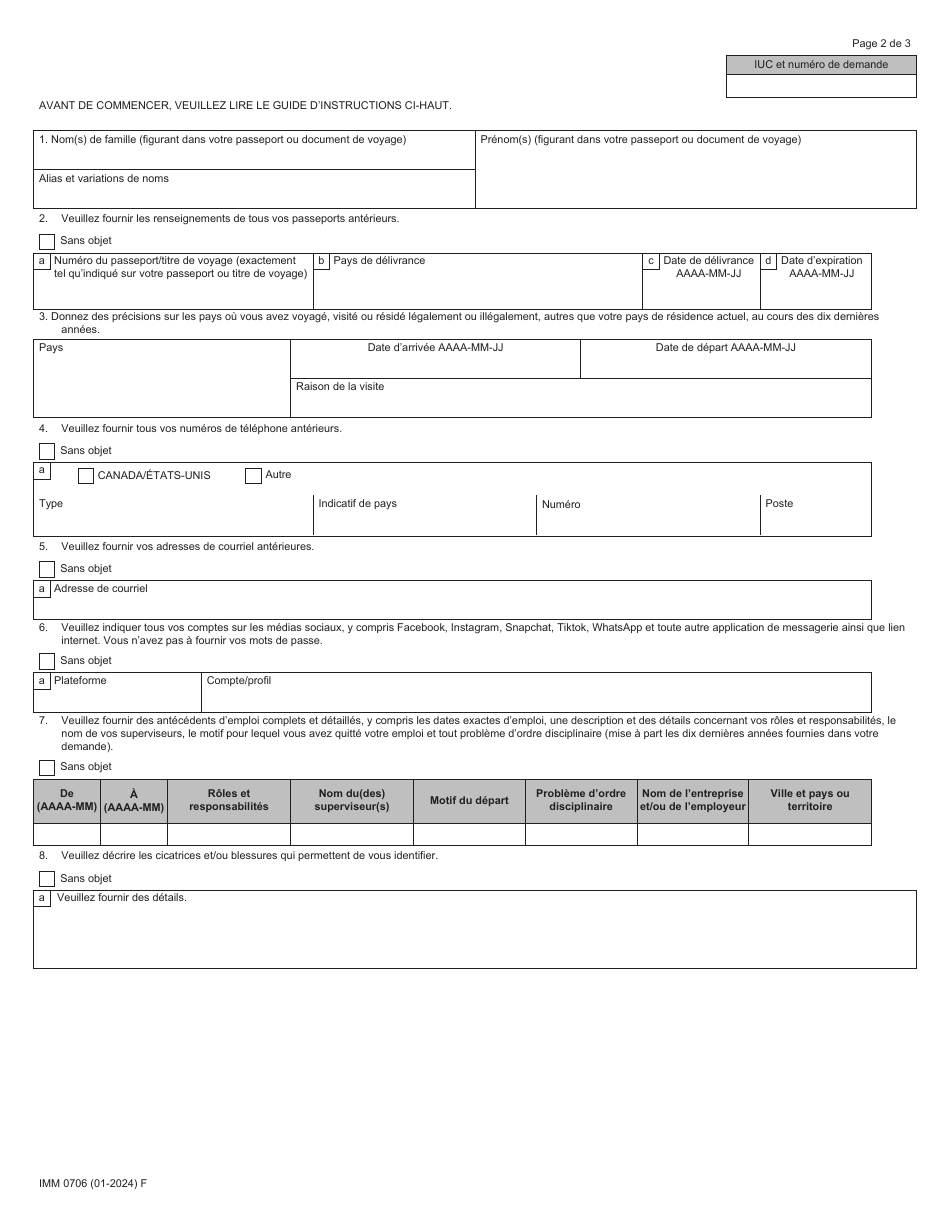 Forme IMM0706 Formulaire De Renseignements Generaux Supplementaires - Canada (French), Page 2