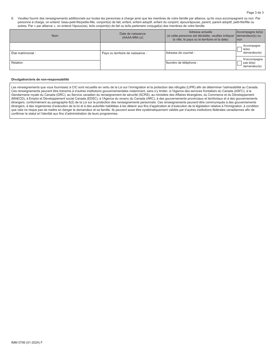 Forme IMM0706 Formulaire De Renseignements Generaux Supplementaires - Canada (French), Page 3