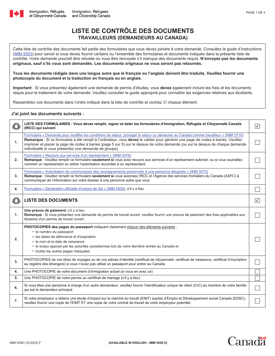 Forme IMM5556 Liste De Controle DES Documents - Travailleurs (Demandeurs Au Canada) - Canada (French), Page 1