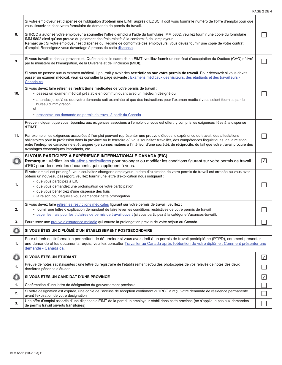 Forme IMM5556 Liste De Controle DES Documents - Travailleurs (Demandeurs Au Canada) - Canada (French), Page 2