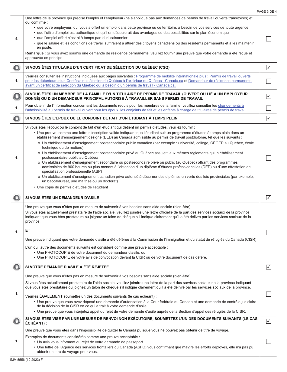 Forme IMM5556 Liste De Controle DES Documents - Travailleurs (Demandeurs Au Canada) - Canada (French), Page 3