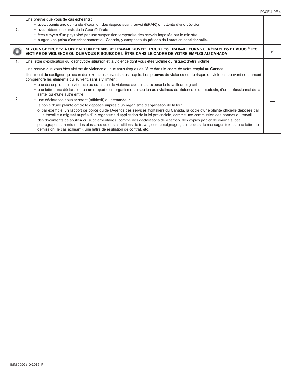 Forme IMM5556 Liste De Controle DES Documents - Travailleurs (Demandeurs Au Canada) - Canada (French), Page 4