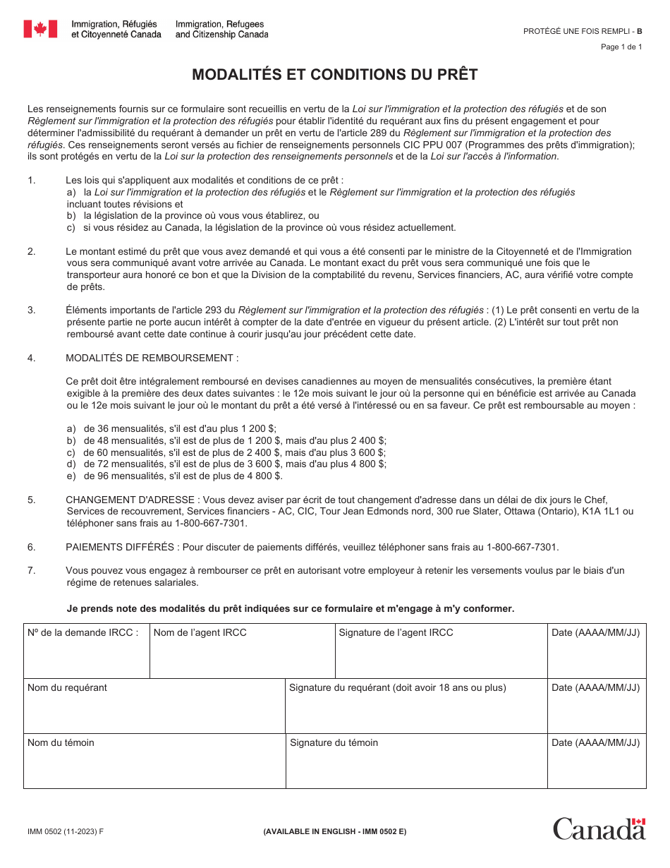 Forme IMM0502 Modalites Et Conditions Du Pret - Canada (French), Page 1