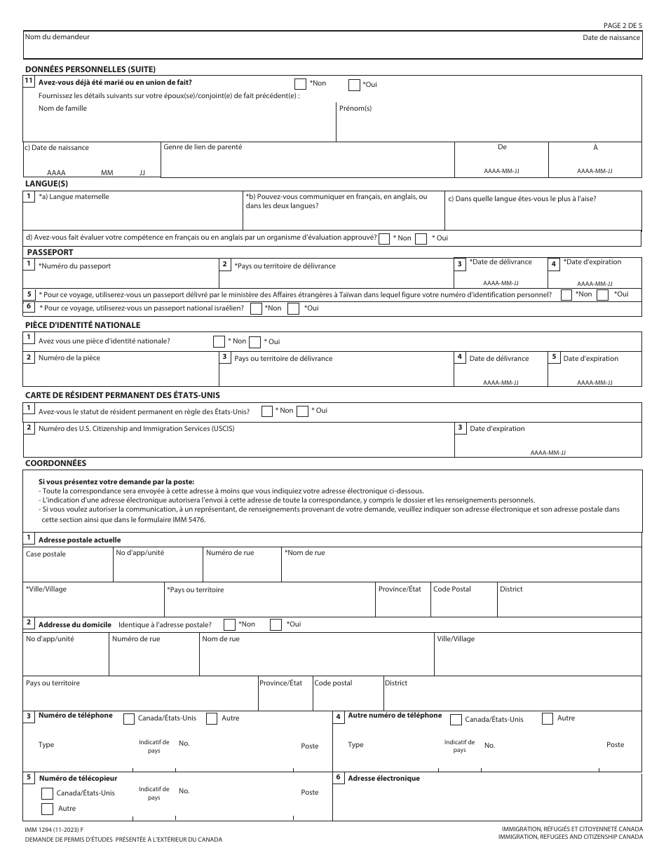 Forme Imm1294 Download Fillable Pdf Or Fill Online Demande De Permis Detudes Presentee A L 3130