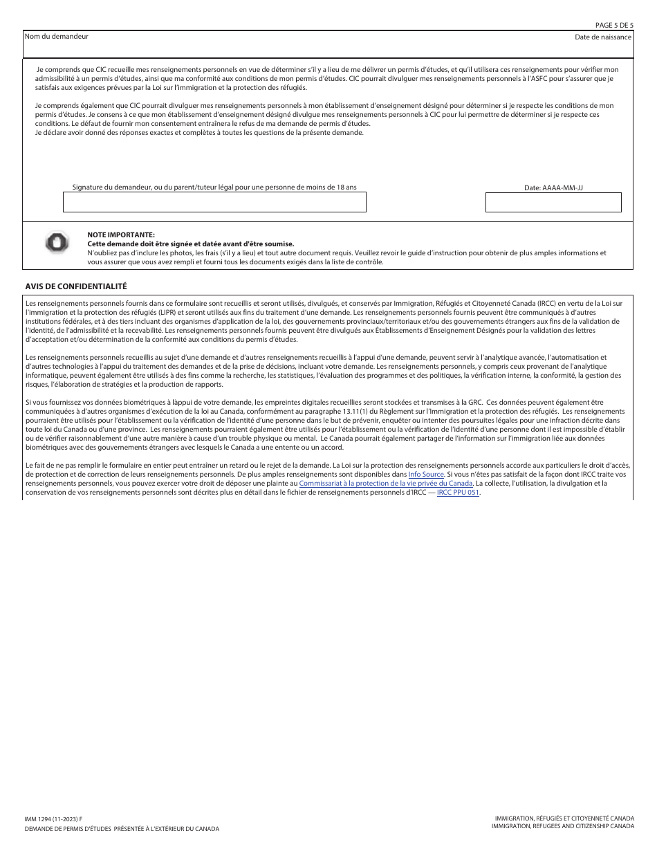 Forme IMM1294 Demande De Permis Detudes Presentee a Lexterieur Du Canada - Canada (French), Page 5