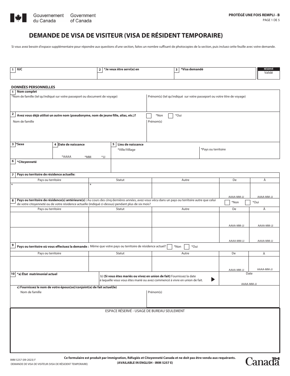 Forme IMM5257 Demande De Visa De Resident Temporaire - Canada (French), Page 1