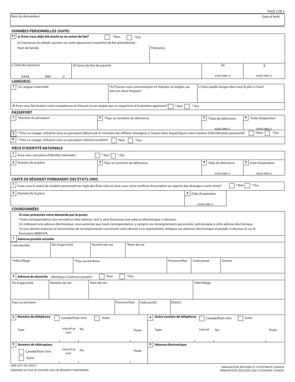 Forme IMM5257 Download Fillable PDF or Fill Online Demande De Visa De