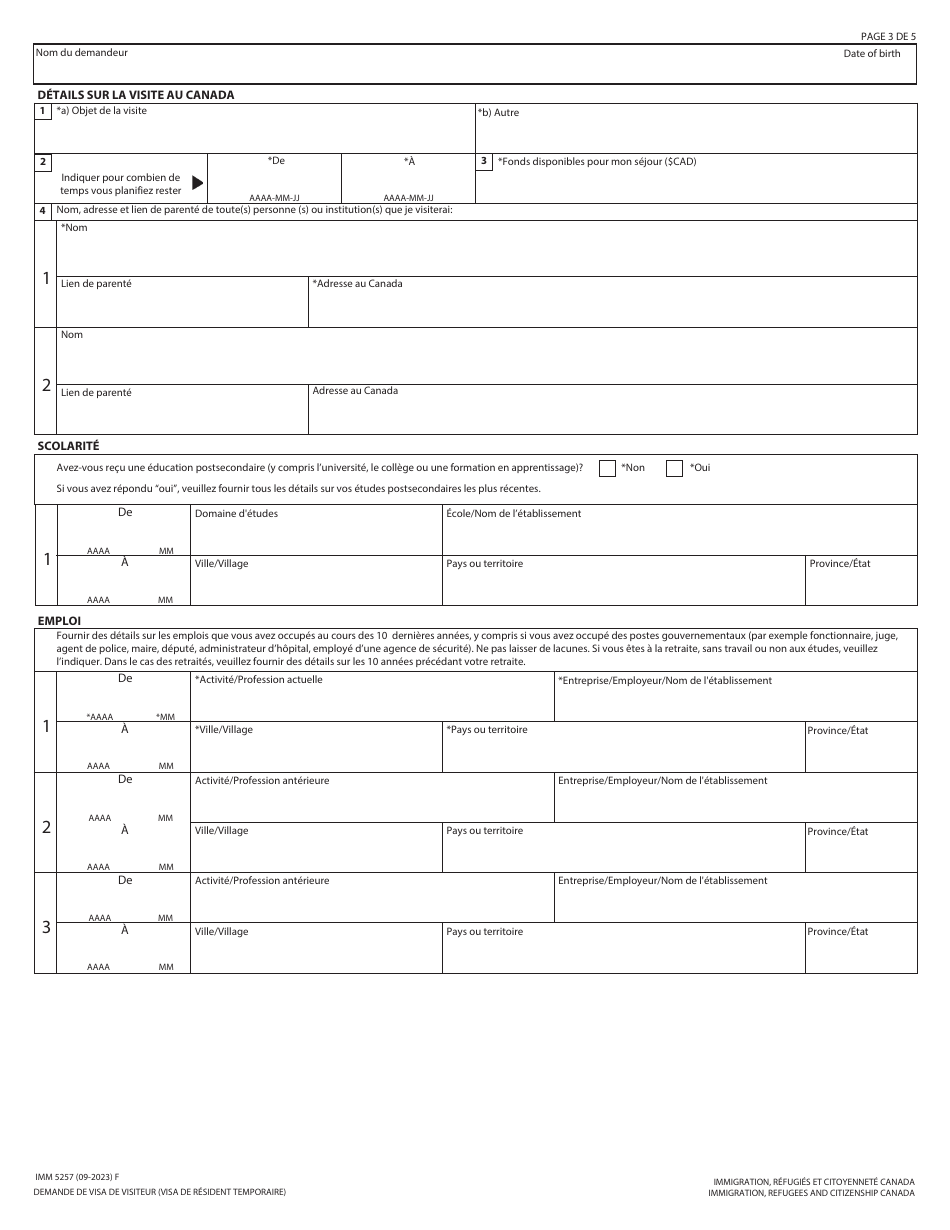 Forme IMM5257 Demande De Visa De Resident Temporaire - Canada (French), Page 3