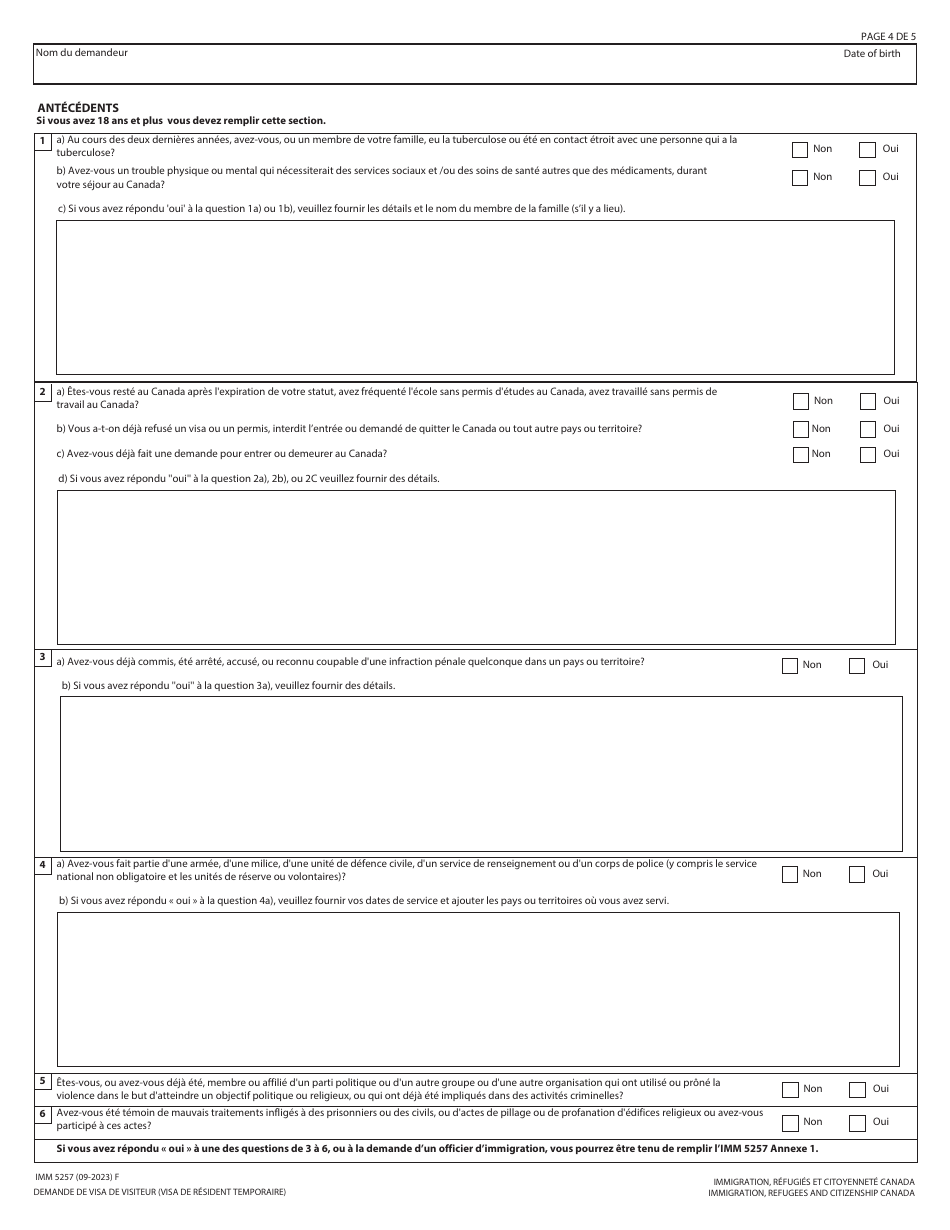 Forme IMM5257 Demande De Visa De Resident Temporaire - Canada (French), Page 4