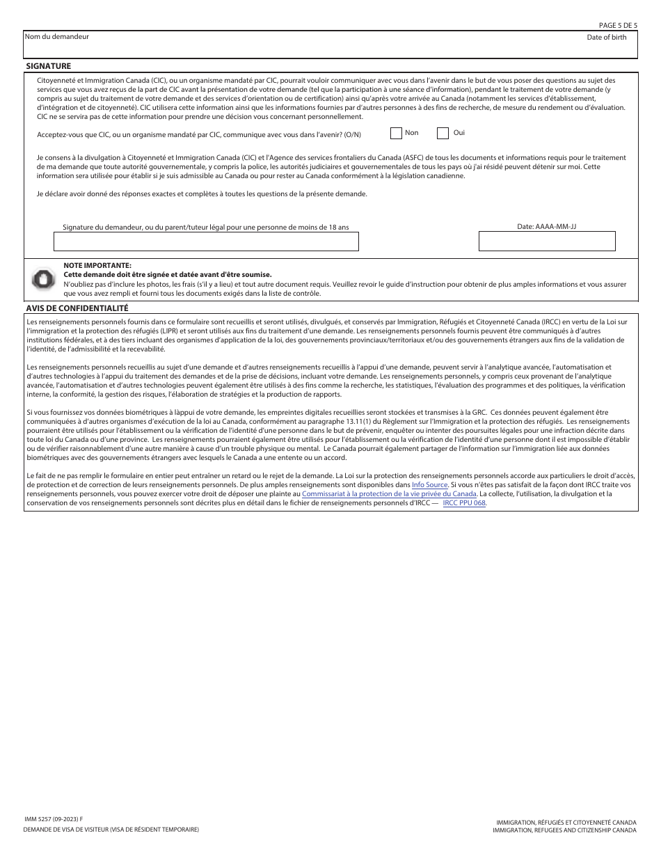 Forme IMM5257 Demande De Visa De Resident Temporaire - Canada (French), Page 5