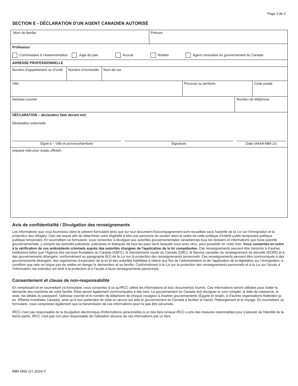 Forme IMM5992 Declaration Solennelle Visant a Confirmer Lintention De Fournir Du Soutien Aux Membres De La Famille Elargie Affectes Par La Crise a Gaza - Canada (French), Page 3