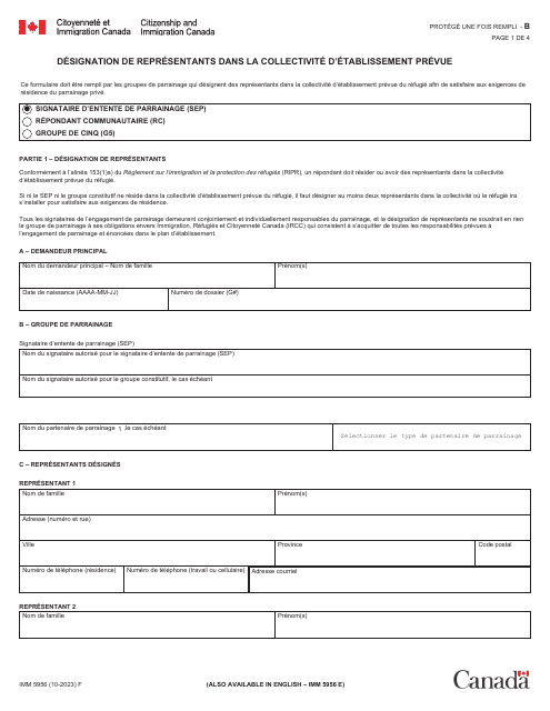 Forme IMM5956 Designation De Representants Dans La Collectivite D'etablissement Prevue - Canada (French)