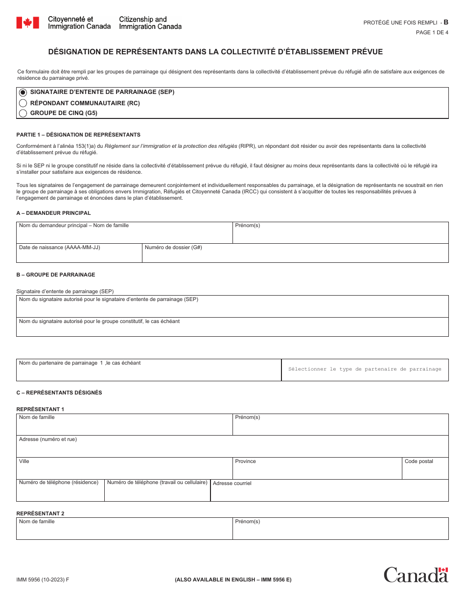 Forme IMM5956 Designation De Representants Dans La Collectivite Detablissement Prevue - Canada (French), Page 1