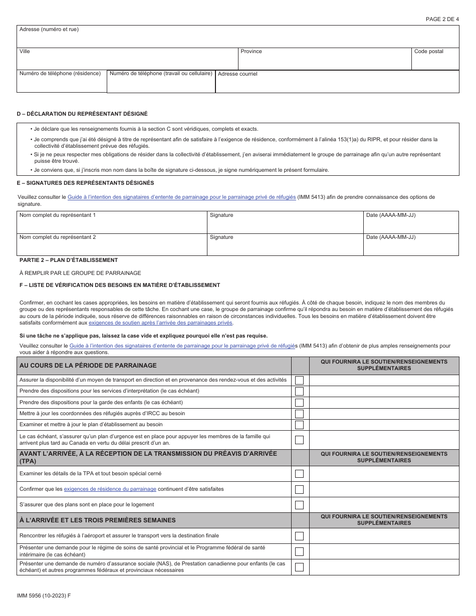 Forme IMM5956 Designation De Representants Dans La Collectivite Detablissement Prevue - Canada (French), Page 2
