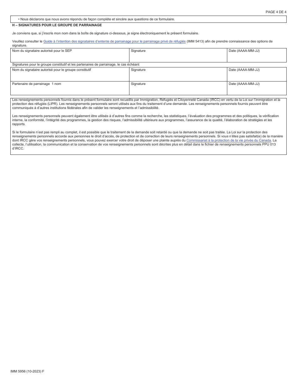 Forme IMM5956 Designation De Representants Dans La Collectivite Detablissement Prevue - Canada (French), Page 4