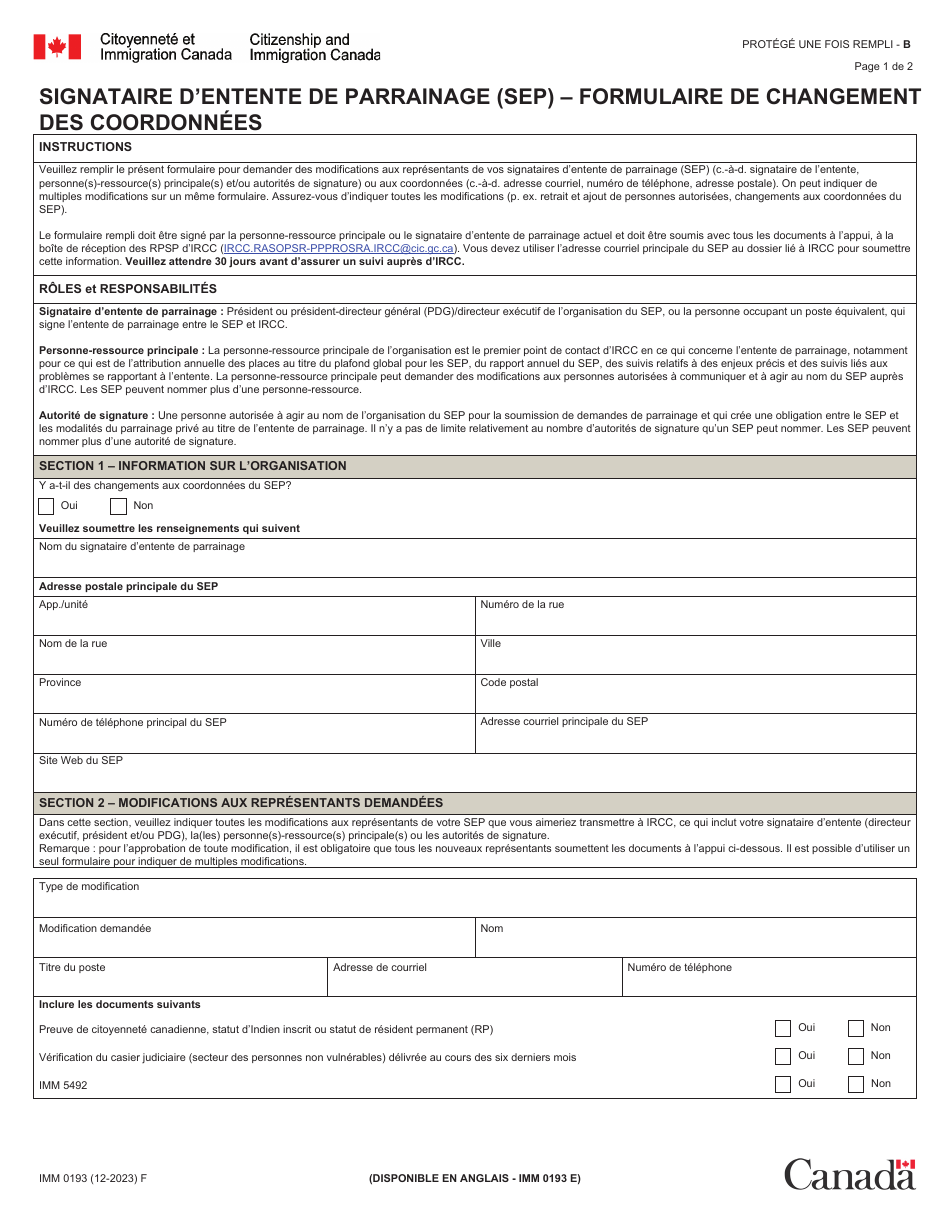 Forme IMM0193 Signataire Dentente De Parrainage (Sep) - Formulaire De Changement DES Coordonnees - Canada (French), Page 1