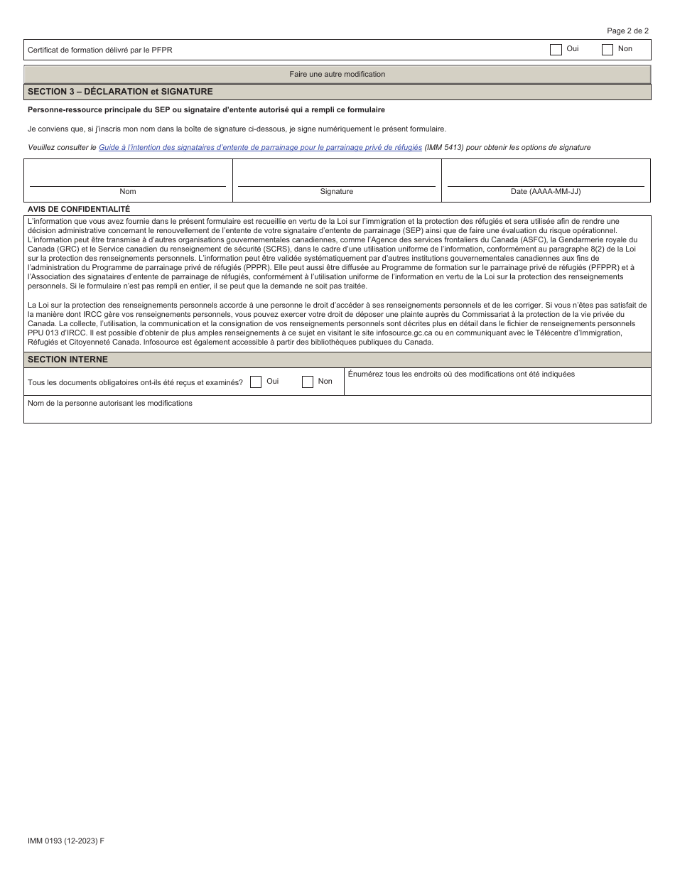 Forme IMM0193 Signataire Dentente De Parrainage (Sep) - Formulaire De Changement DES Coordonnees - Canada (French), Page 2
