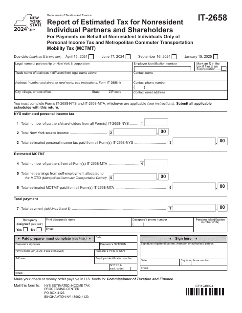 Form IT-2658 Report of Estimated Tax for Nonresident Individual Partners and Shareholders for Payments on Behalf of Nonresident Individuals Only of Personal Income Tax and Metropolitan Commuter Transportation Mobility Tax (Mctmt) - New York, 2024