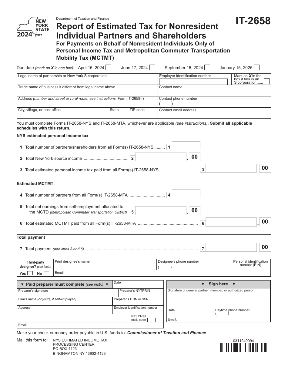 Form IT-2658 Report of Estimated Tax for Nonresident Individual Partners and Shareholders for Payments on Behalf of Nonresident Individuals Only of Personal Income Tax and Metropolitan Commuter Transportation Mobility Tax (Mctmt) - New York, Page 1