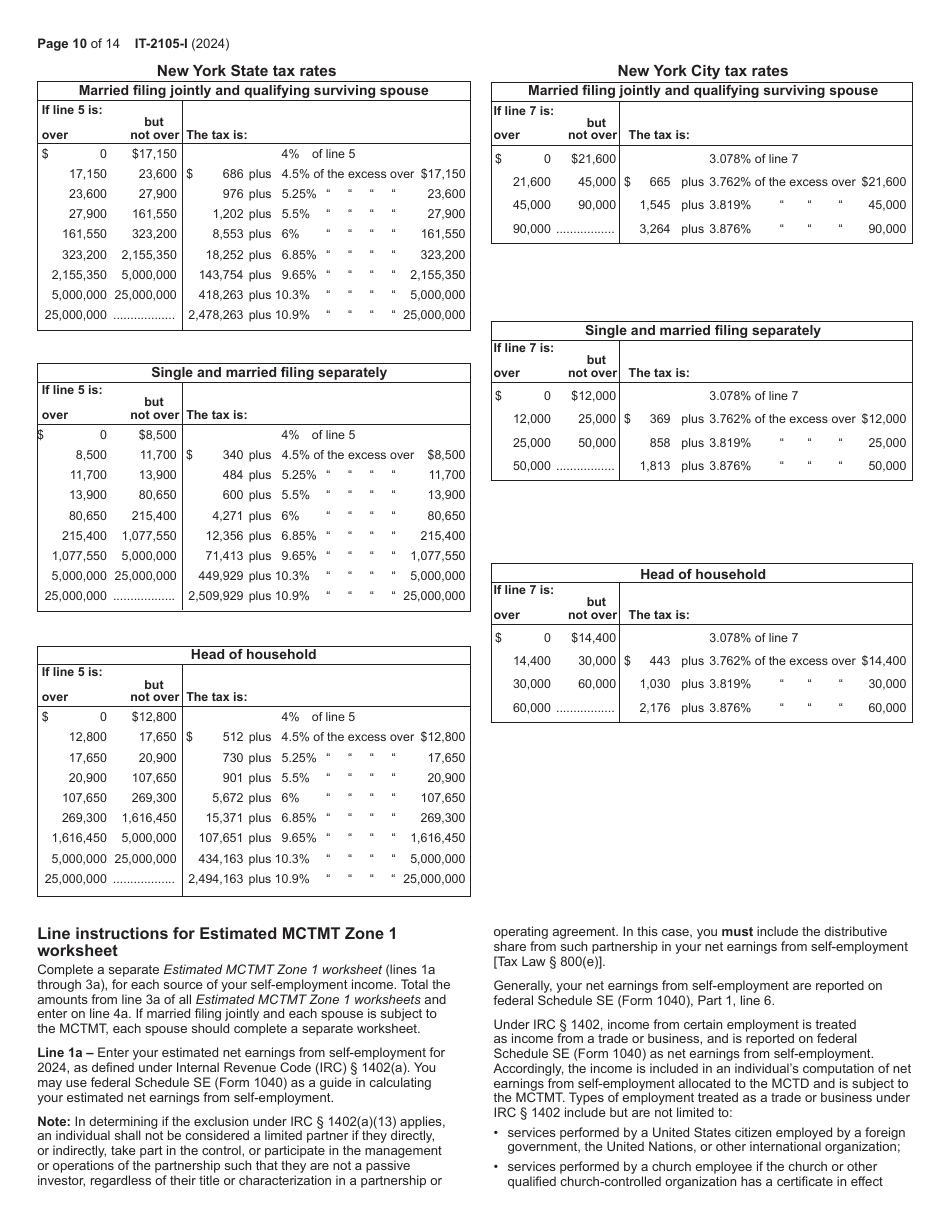 Instructions for Form IT-2105 Estimated Tax Payment Voucher for Individuals - New York, Page 10