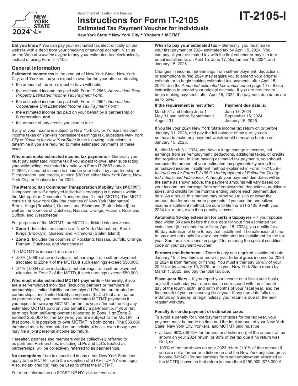 Instructions for Form IT-2105 Estimated Tax Payment Voucher for Individuals - New York, Page 1