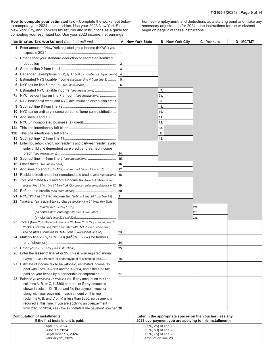 Instructions for Form IT-2105 Estimated Tax Payment Voucher for Individuals - New York, Page 9