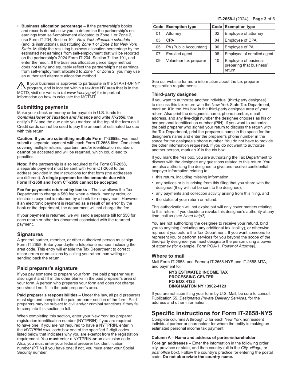 Instructions for Form IT-2658 Report of Estimated Tax for Nonresident Individual Partners and Shareholders - New York, Page 3