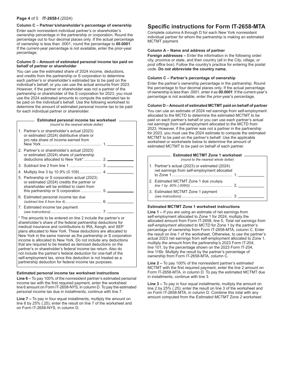 Instructions for Form IT-2658 Report of Estimated Tax for Nonresident Individual Partners and Shareholders - New York, Page 4
