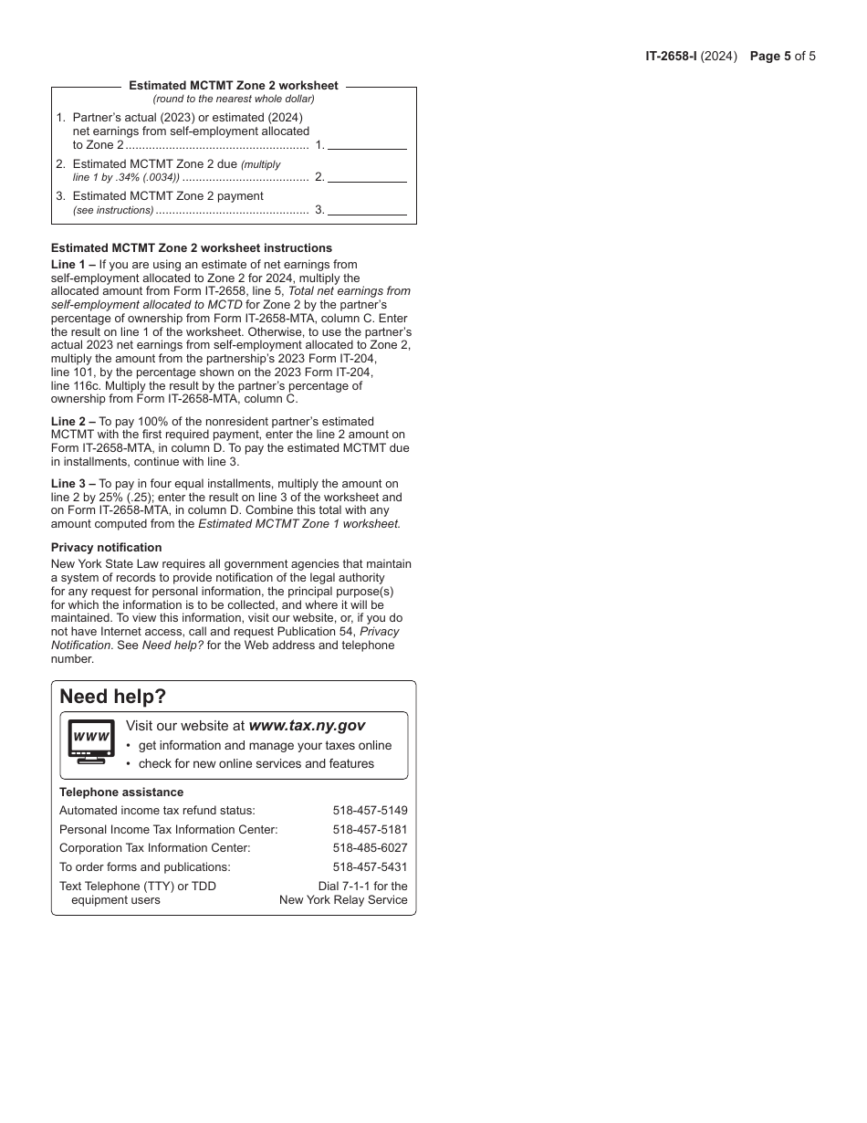 Instructions for Form IT-2658 Report of Estimated Tax for Nonresident Individual Partners and Shareholders - New York, Page 5