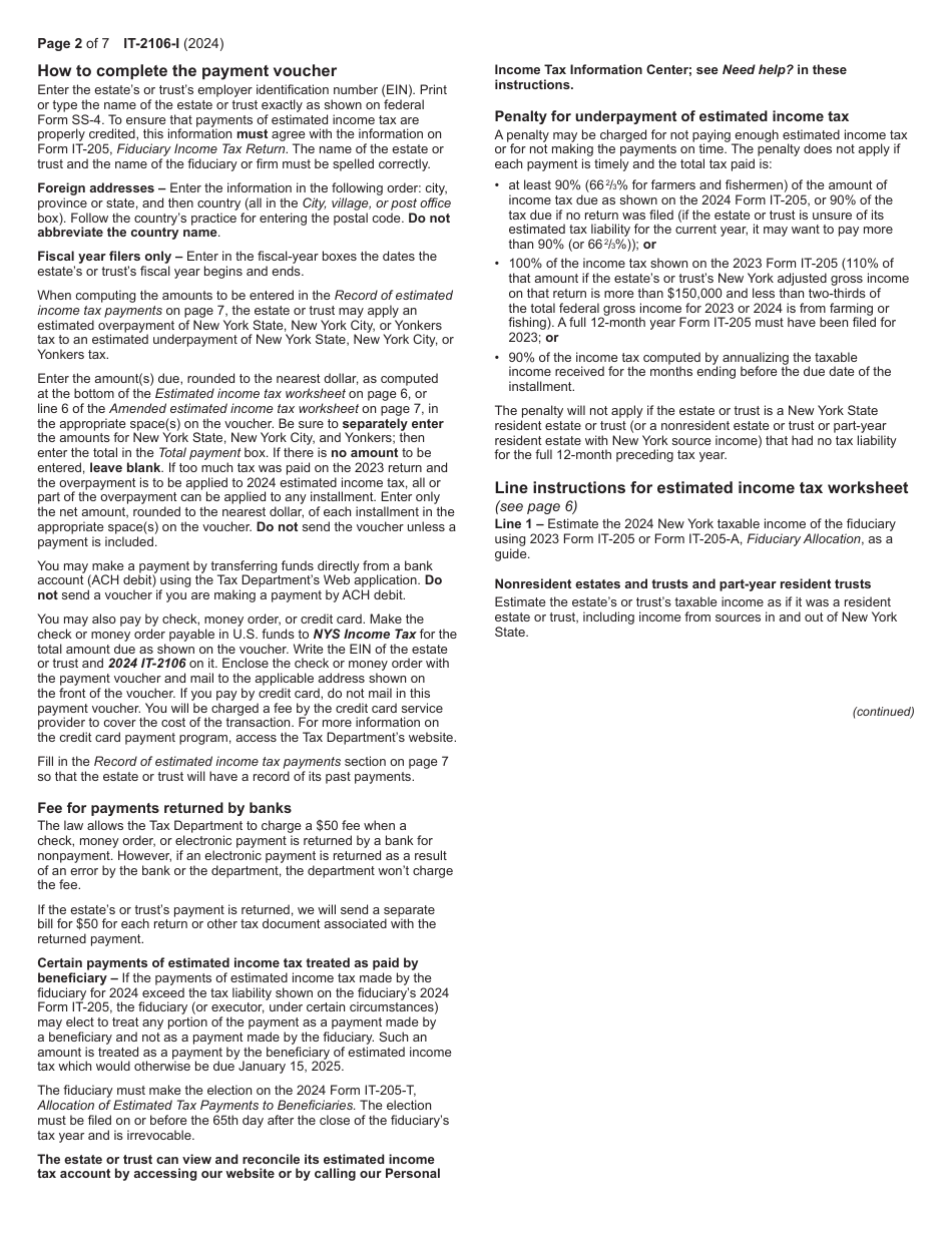 Instructions for Form IT-2106 Estimated Income Tax Payment Voucher for Fiduciaries - New York, Page 2
