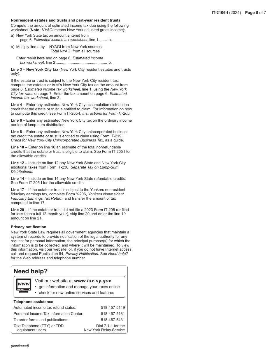 Instructions for Form IT-2106 Estimated Income Tax Payment Voucher for Fiduciaries - New York, Page 5