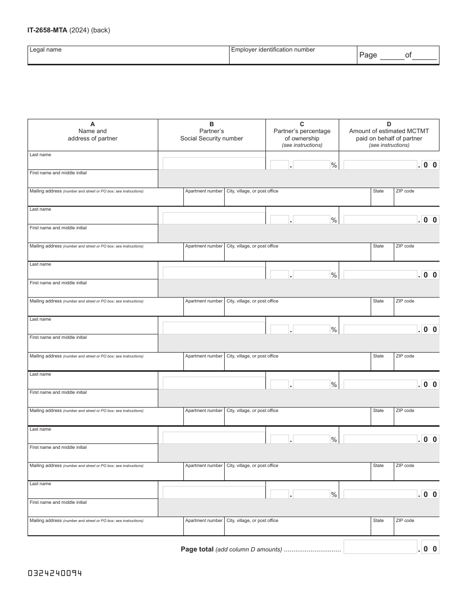 Form IT-2658-MTA Report of Estimated Metropolitan Commuter Transportation Mobility Tax (Mctmt) for New York Nonresident Individual Partners - New York, Page 2