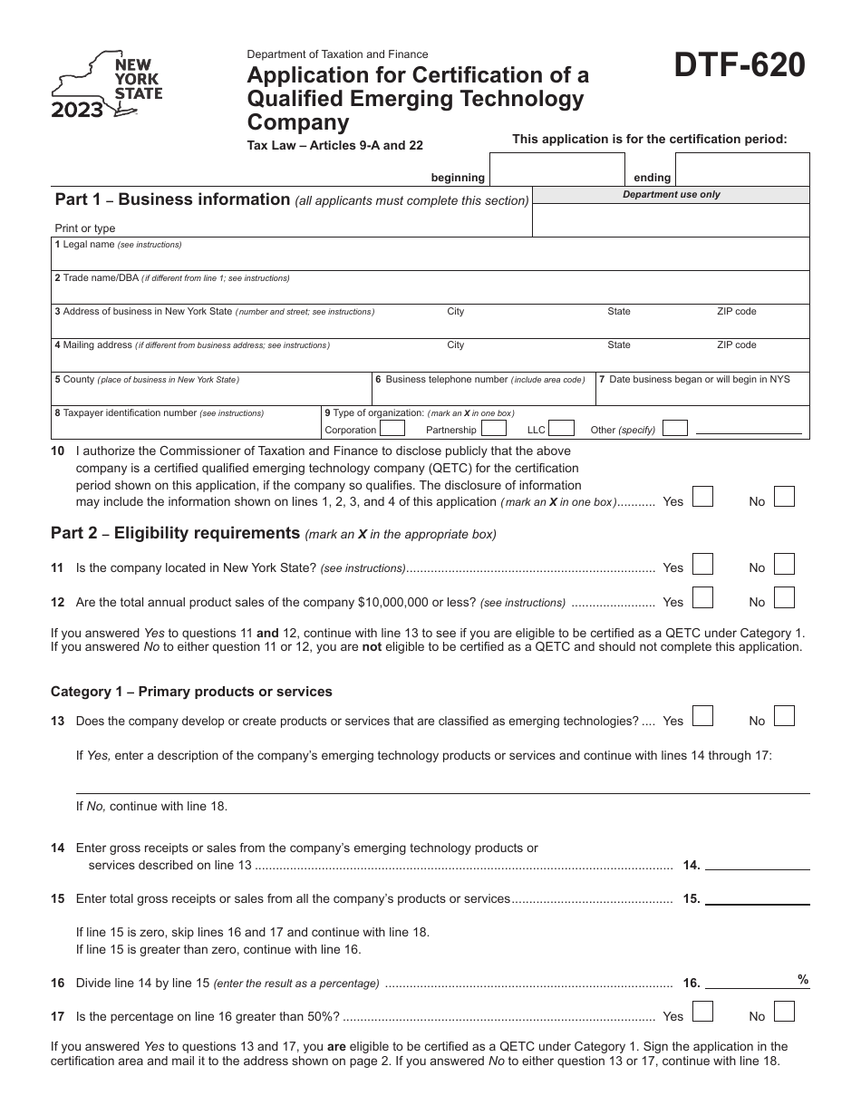 Form DTF-620 Application for Certification of a Qualified Emerging Technology Company - New York, Page 1