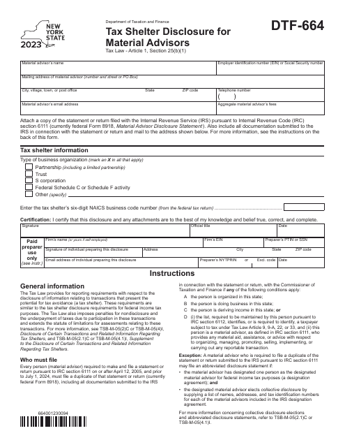 Form DTF-664 Tax Shelter Disclosure for Material Advisors - New York, 2023