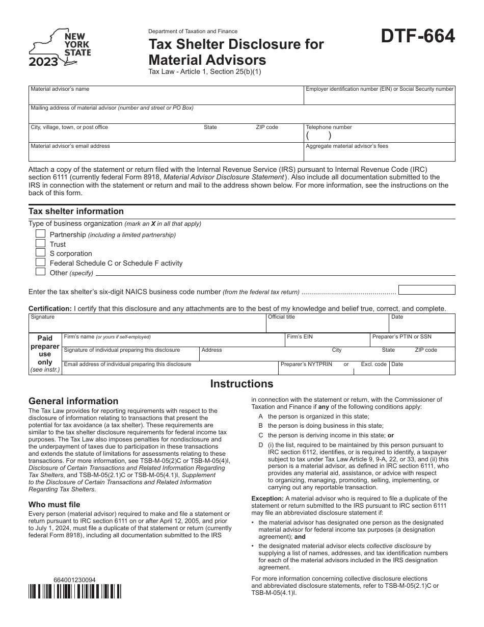 Form DTF-664 Download Printable PDF or Fill Online Tax Shelter ...